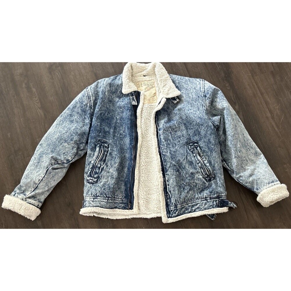 Vintage Sergio Valente Jean Jacket  Shearling Acid Washed Chest 27” Length 28”